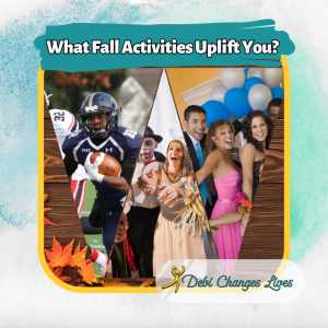 A fall-themed background featuring colorful autumn leaves and dark brown stained wood. Three smaller images highlight popular fall activities: a football game with players on the field, Halloween fun with costumed kids trick-or-treating, and a group taking photos at a homecoming event. The text overlay reads, "What Fall Activities Will Uplift You?" The post discusses how fall festivities like football games, Halloween, and homecoming events bring joy, creativity, and community, benefiting both mind and body while uplifting the soul.