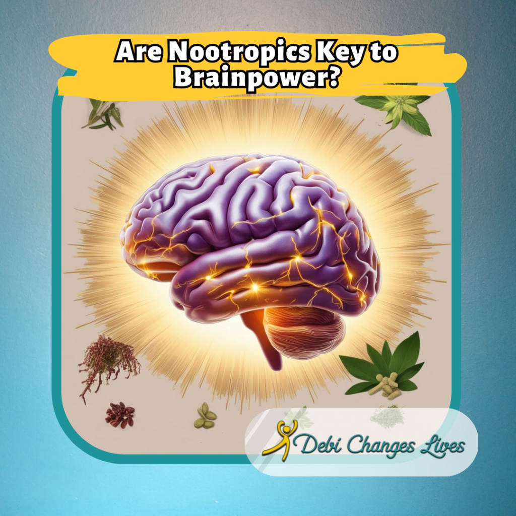 Illustration of a vibrant brain with energy and electrical activity, surrounded by natural nootropics, emphasizing how nootropics are key to brainpower.