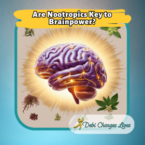 Illustration of a vibrant brain with energy and electrical activity, surrounded by natural nootropics, emphasizing how nootropics are key to brainpower.