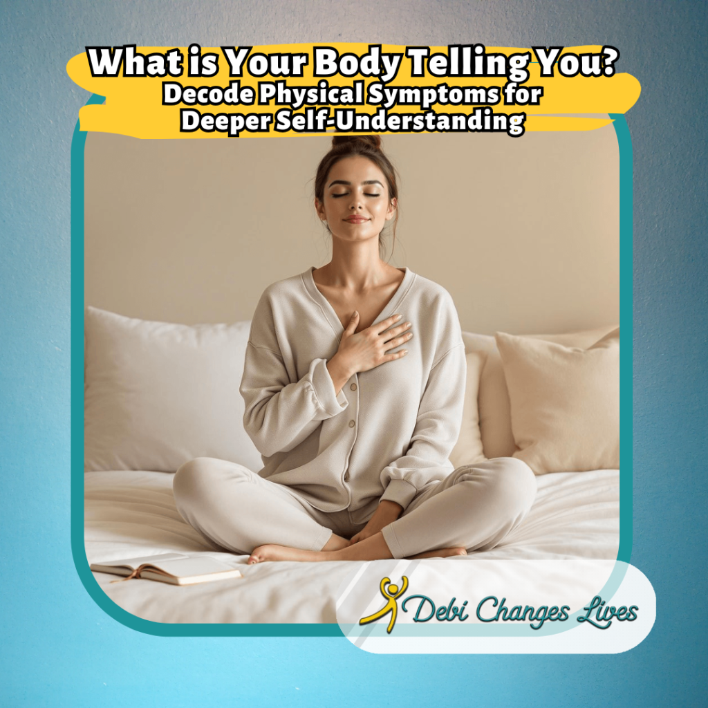 A peaceful woman sits cross-legged on a bed with one hand on her chest and eyes closed, practicing mindful self-connection. The text above reads “What is Your Body Telling You? Decode Physical Symptoms for Deeper Self-Understanding.” Logo at the bottom says “Debi Changes Lives.” The image reflects themes of self-awareness, mind-body connection, and wholistic well-being.