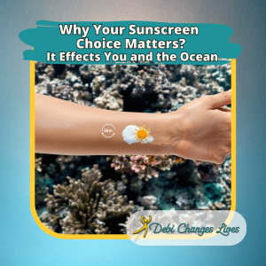 Image of a person’s arm with sunscreen on the skin, shown against a coral reef background, illustrating the impact of sunscreen ingredients on both human health and ocean life. Highlights the message "Why Your Sunscreen Choice Matters" by connecting sunscreen use to reef safety and toxic chemical exposure. The blog post explains why choosing mineral-based, reef-safe sunscreen protects both your body and marine ecosystems.