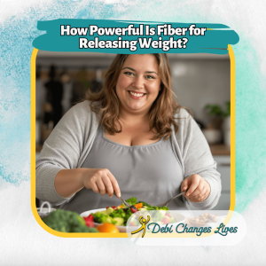 How Powerful Is Fiber for Releasing Weight?A moderately overweight woman who is actively engaged in her successful health journey. She appears empowered, relieved, and confident, having found a sustainable and effective solution to her weight challenges using fiber. She is depicted with strong, hopeful body language, often interacting with a low-carb plan by using fiber-rich foods like avocado and seeds to achieve weight loss and steady blood sugar.
