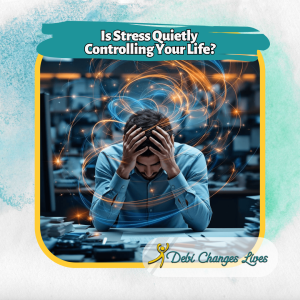 A man in a blue shirt sitting at a cluttered office desk, holding his head in his hands to show stress. Swirling lines of orange and blue light surround his head to represent mental tension and scattered thoughts. The image features the title "Is Stress Quietly Controlling Your Life?" and the "Debi Changes Lives" logo at the bottom, symbolizing the awareness needed to break free from chronic stress.